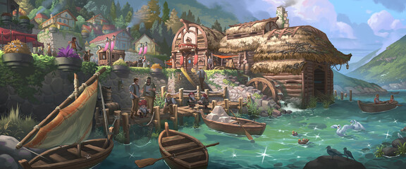 A fantasy illustration of a small haven near the shipyard and crystal-clear lake in medieval town with beautiful summer sky scenery.