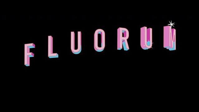 Bright letters jump merrily in the inscription FLUORUM Element of periodic table. Retro. Alpha channel black. In-Out looped. Alpha BW at the end. Looped from frame 120 to 240, Alpha BW at the end