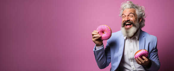 Innovative artist savouring a donut during brainstorming isolated on a gradient background  - obrazy, fototapety, plakaty