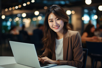 Successful business woman of Asian appearance in a business suit works at a laptop