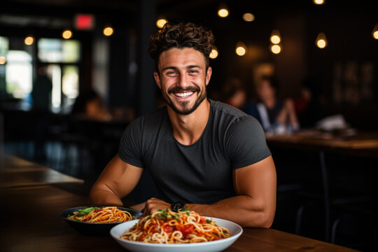 Fitness enthusiast eating post-workout pasta health bar background with empty space for text 