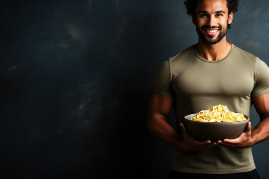 Fitness enthusiast eating post-workout pasta health bar background with empty space for text 