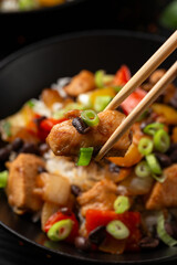 Stir fry Chicken with Black Bean, vegetables and rice