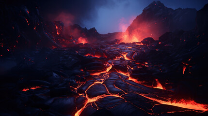 Lava flowing near volcano at night, glowing molten rocks, dramatic volcanic landscape