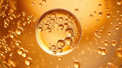 Golden drops of facial serum with cosmetic oil texture. Closeup of care cosmetic oil, droplets.
