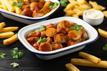 Traditional German currywurst, served with potato chips and sauce