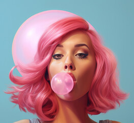 Beautiful woman with pink hair blowing bubble gum on blue background - obrazy, fototapety, plakaty