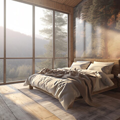 Interior of a mountain chalet hut bedroom. Bed near by panoramic windows. Outside the forest.