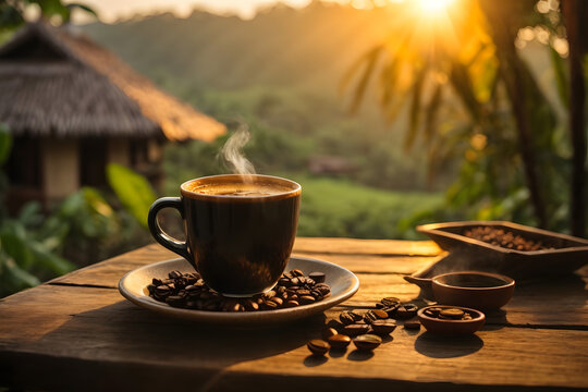 hot traditional coffee with background nature