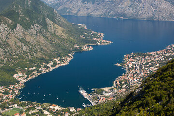 Beautiful aerial view of  Kotor, Kotor bay, marina and mountain, Montenegro travel destination