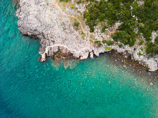 Stunning View To The Rocky Beach And Trails From Above. Lustica Peninsula, Montenegro. Aerial view
