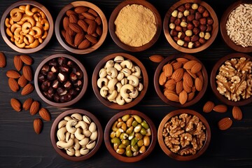 a close-up of a variety of nuts in bowls on a table