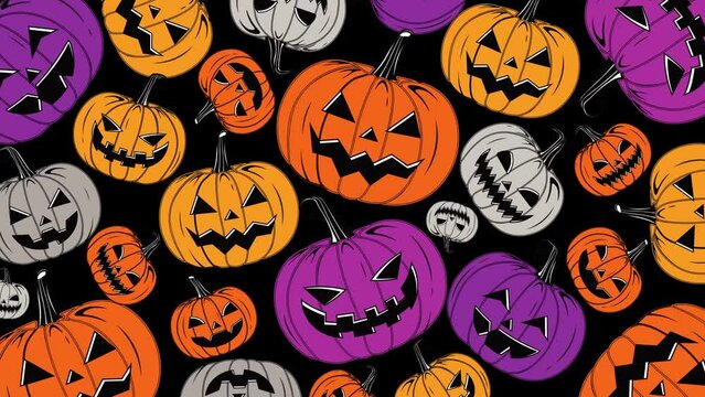 4K Animated Colorful Style Scary Halloween pumpkins Motion Loop Pattern Isolated on Black Background Vintage Style Creepy Pumpkins Motion Banner Design Happy Halloween Trick or Treat Halloween Design.