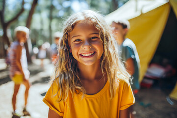 Young girl at a summer camp, a portrait of pure joy and the carefree spirit of childhood vacation in nature - obrazy, fototapety, plakaty