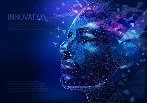 Human face in technological low poly style. Space exploration, innovative technologies, Internet concept. Digital innovative business. Polygonal wireframe male head contemporary vector illustration.