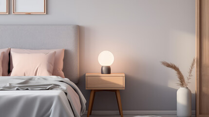 Cozy bedside table lamp near large bed in bedroom, cute room interior in light pastel colors. 
