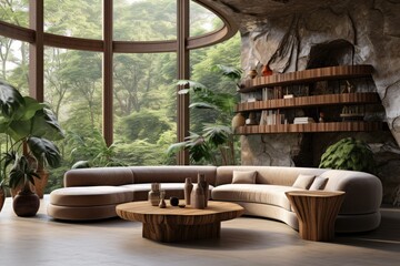 Spacious Home Interior with Wood Furniture, Sofa, and Indoor Plants. Stylish Curved Couch and Open Jungle Views