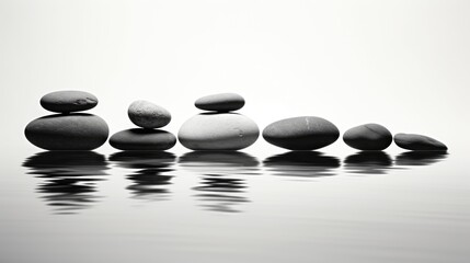 Tranquil Equilibrium: Stones in Harmony, Black and White in Water.