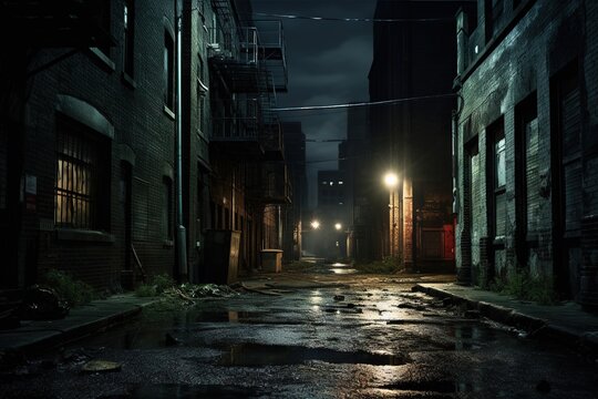 Dark downtown back alley at night after raining. Urban back street with atmospheric lighting  and soggy street. Inner city dark alleyway. Urban decay and weathered architecture. Generative AI