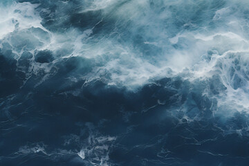 aerial perspective, the deep navy blue expanse of the ocean stretches out beneath, with white waves crashing and splashing against its surface.