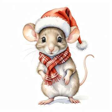 Watercolor painting of a mouse wearing a Santa Claus hat wearing