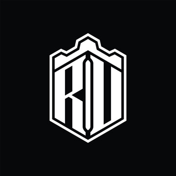 recommend clip art: RU Letter Logo monogram hexagon shield shape crown castle with outline style design