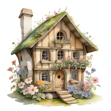 Watercolor painting of a mouse in a wooden hobbit house. The sur