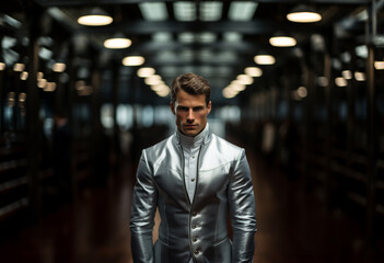 very attractive man in shiny silver suit in big garage