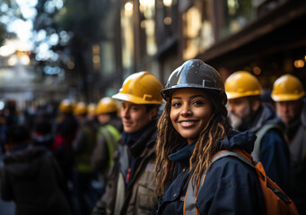 Smiling construction female worker ready for go to work in construction site - obrazy, fototapety, plakaty