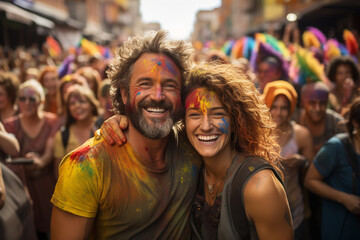 A couple have fun at an outdoor color party