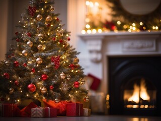 Christmas scene by the fireplace with bokeh lighting, blurred holiday backdrop. Festive home ambiance.