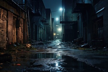 Obrazy na Plexi  Dark downtown back alley at night after raining. Urban back street with atmospheric lighting  and soggy street. Inner city dark alleyway. Urban decay and weathered architecture. Generative AI
