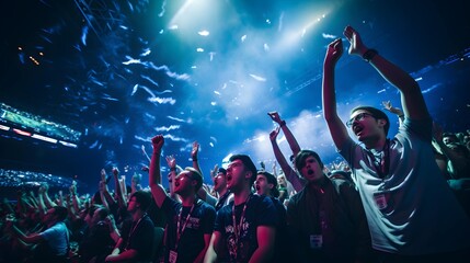 People enthusiastically cheering at an e-sports tournament. Generative AI.