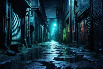 Fototapeten Dark downtown back alley at night after raining. Urban back street with atmospheric lighting  and soggy street. Inner city dark alleyway. Urban decay and weathered architecture. Generative AI © Paul
