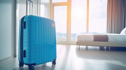 Arrival at Your Dream Getaway: Blue Luggage in Modern Hotel Room - obrazy, fototapety, plakaty