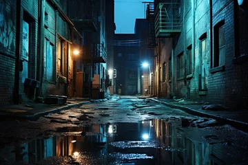 Deurstickers Dark downtown back alley at night after raining. Urban back street with atmospheric lighting  and soggy street. Inner city dark alleyway. Urban decay and weathered architecture. Generative AI © Paul