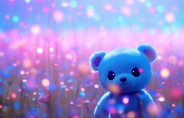 Playful baby blue bear amazed at the wonderful enchanted meadow with bright glowing magical neon pink flowers, depicting childhood memories and the strong imaginary bond we shared with our teddy.  