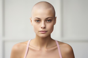 A woman with a shaved head, cancer