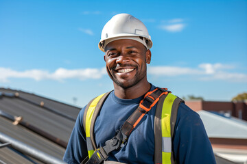 Portrait of an African American Roof construction worker working on a roof, adorned in safety gear and sky in the background - Powered by Adobe