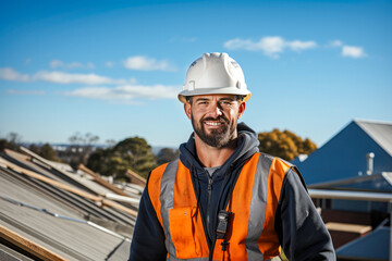 Portrait of a Roof construction worker working on a roof, adorned in safety gear and sky in the background - obrazy, fototapety, plakaty