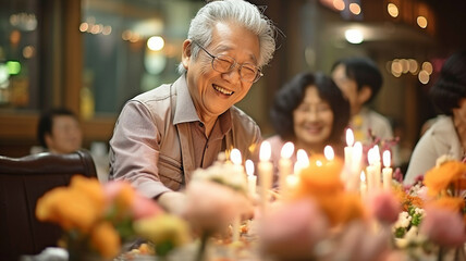 Asian women and older men laugh and smile while congratulating each other on their birthdays at the senior creche..