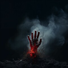 Spooky zombie hand rising out from the ground with smoke and black background. Halloween concept