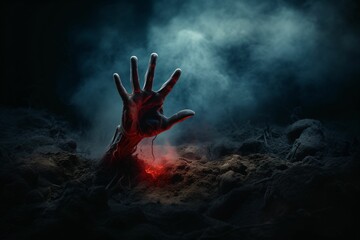 Spooky zombie hand rising out from the ground with smoke and black background. Halloween concept - obrazy, fototapety, plakaty