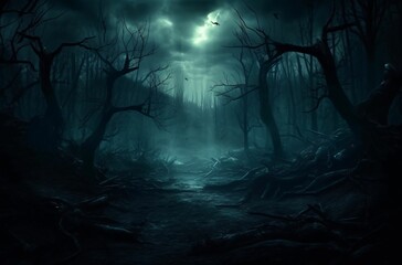 Fototapeta premium Creepy landscape with full moon over the spruce trees of mystery night forest. Halloween backdrop
