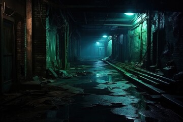 Dark downtown back alley at night after raining. Urban back street with atmospheric lighting  and soggy street. Inner city dark alleyway. Urban decay and weathered architecture. Generative AI - obrazy, fototapety, plakaty