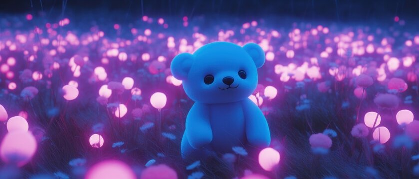 Playful baby blue bear amazed at the wonderful enchanted meadow with bright glowing magical neon pink flowers, depicting childhood memories and the strong imaginary bond we shared with our teddy.  