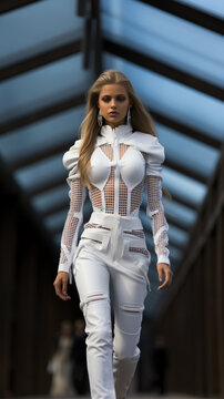 Top model in white dress walk the runway fashion show. AI Generative