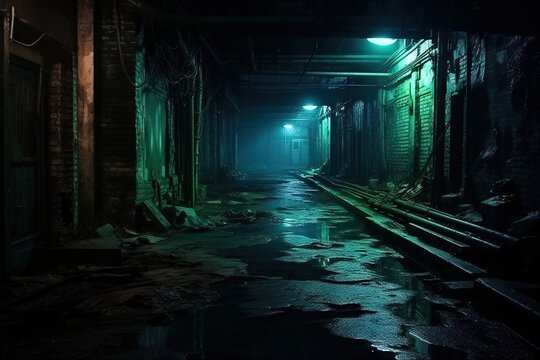 Dark downtown back alley at night after raining. Urban back street with atmospheric lighting  and soggy street. Inner city dark alleyway. Urban decay and weathered architecture. Generative AI
