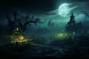 Fototapeta na wymiar Creepy landscape with pumpkin and graveyard in mystery night forest. Halloween backdrop