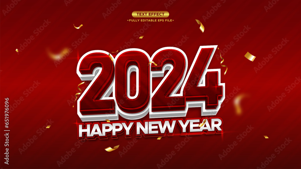 Poster happy new year glossy vector text effect. red and white color style. editable font and text